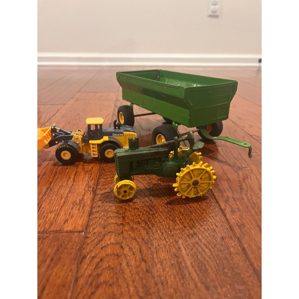 Vintage John Deere Green & Yellow Toy Lot- Cast Iron Tractor, Wheel loader-Tomy,